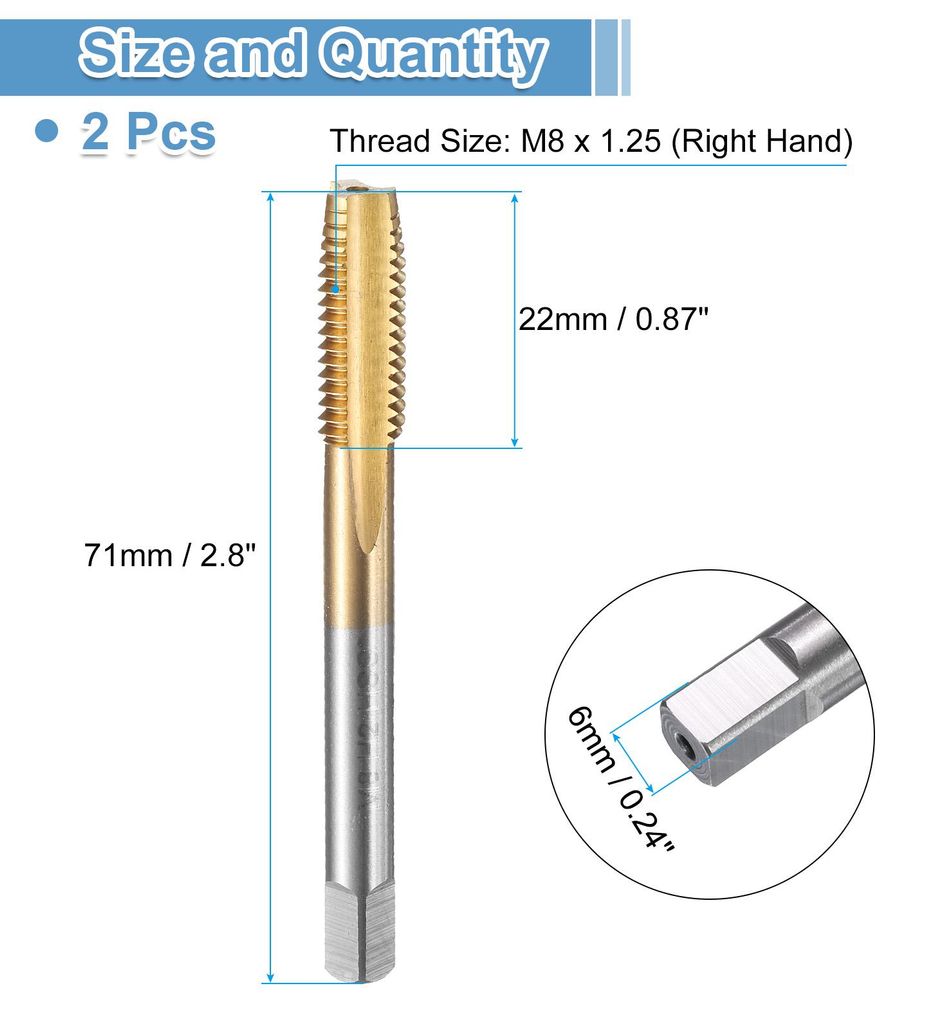2 Stš¹ck HSS Gewindebohrer, M8 x 1,25 Metric Gewindeschneider, Titanbeschichtet, Rechtsgewinde