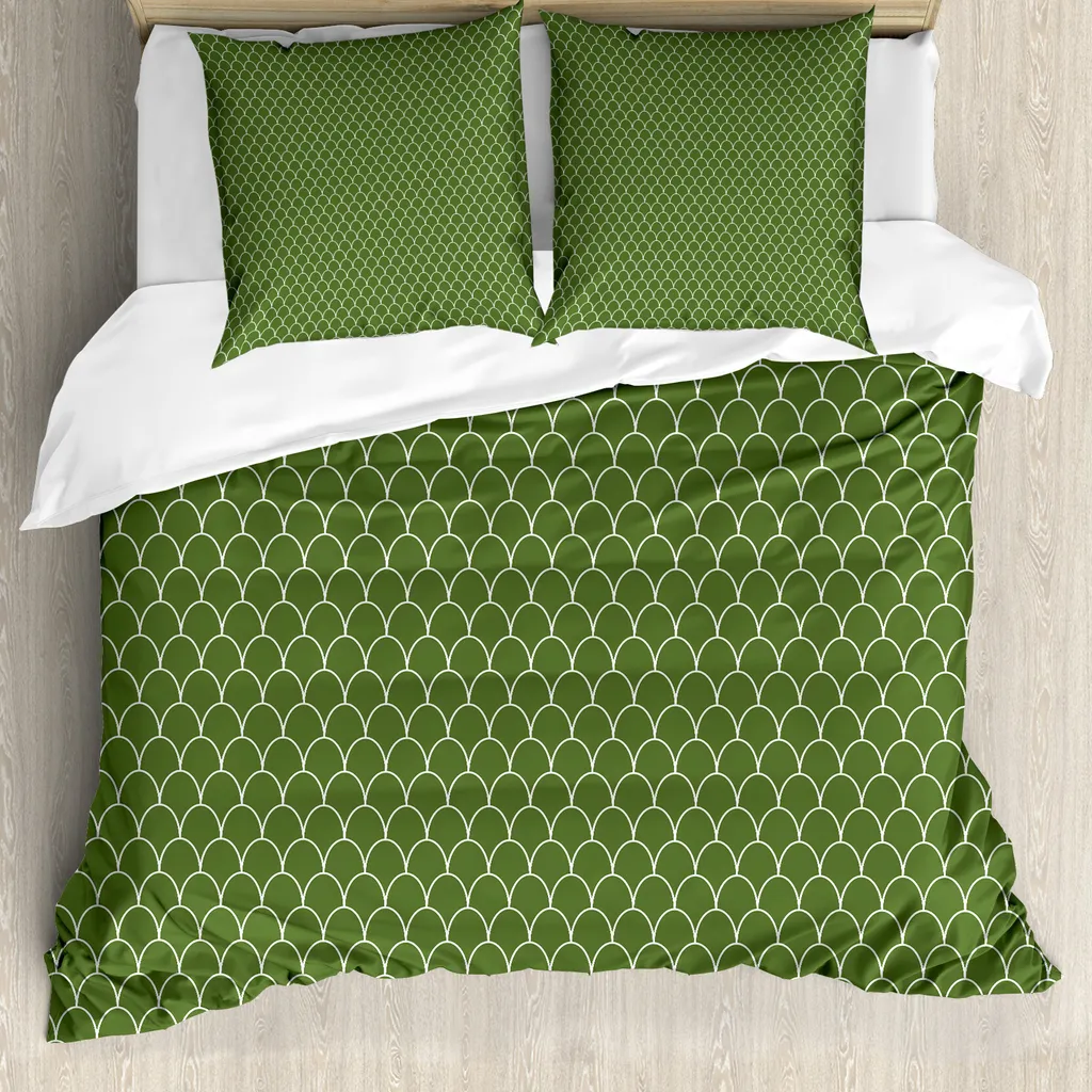 ABAKUHAUS Copripiumino verde, forma geometrica ondulata, antiacaro, adatto a chi soffre di allergie, con federe, 200 cm x 200 cm - 80 x 80 cm, verde oliva e bianco