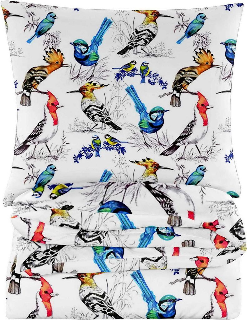 Bettwäsche - 220x200 cm - Bettbezug und Kissenbezügen Set - Weiß - Vögel - Mikrofaser Baumwolle - 2 Kissenbezüge 70x80 cm