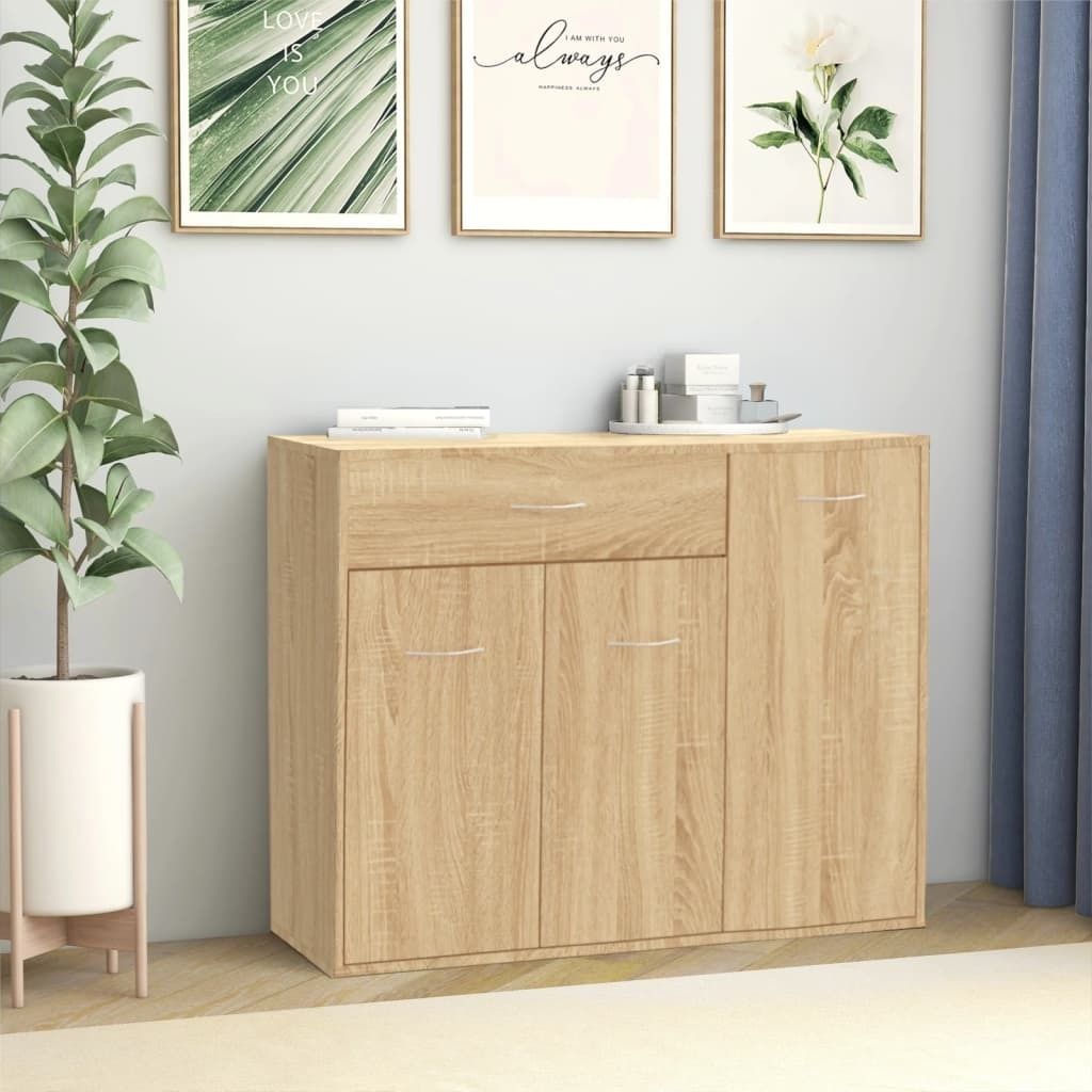 Schlichtes Vitrinenschrank Sideboard Sonoma-Eiche 88x30x70 cm Holzwerkstoff - Kommoden DE3642420 1parcel