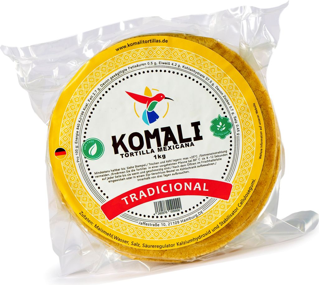 Gelbe Maistortillas Komali 15 cm 1 kg (ca. 40 St.) Mexikanische traditionelle Tortilla, Tortillas mexicanas de Maiz amarillo tradicionales