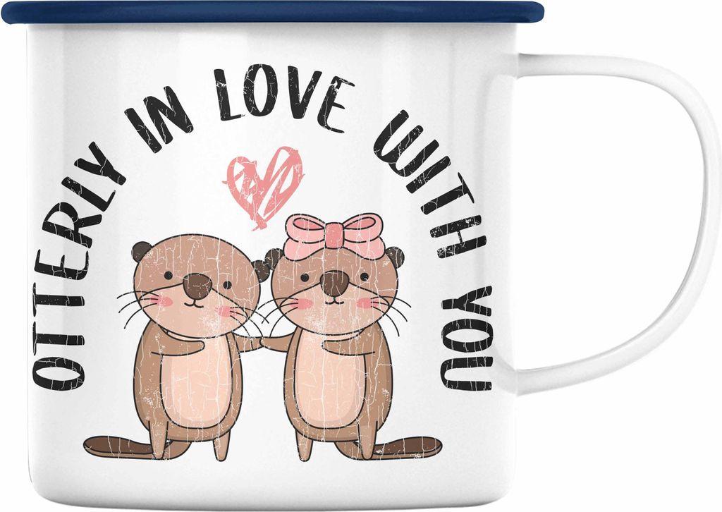Trendation - Valentinstag Emaille Tasse Geschenk für Ihn Sie Lustig Otter Geschenkidee Becher Freund Freundin Wortspiel Liebe Paare (Blau)