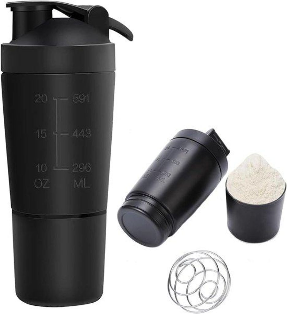 Stahlstahl Protein Shaker - Sport Fitness 600ml - BPA frei - mit Bowl und 200ml Becher für Protein Diät und Fitness Shake (Schwarz)
