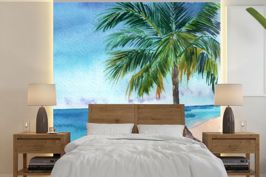 MuchoWow Fototapete für Wohnzimmer oder Schlafzimmer Wandtapete Vinyl Motivtapete Meer - Palme - Strand - 220x220 cm - Tapeten