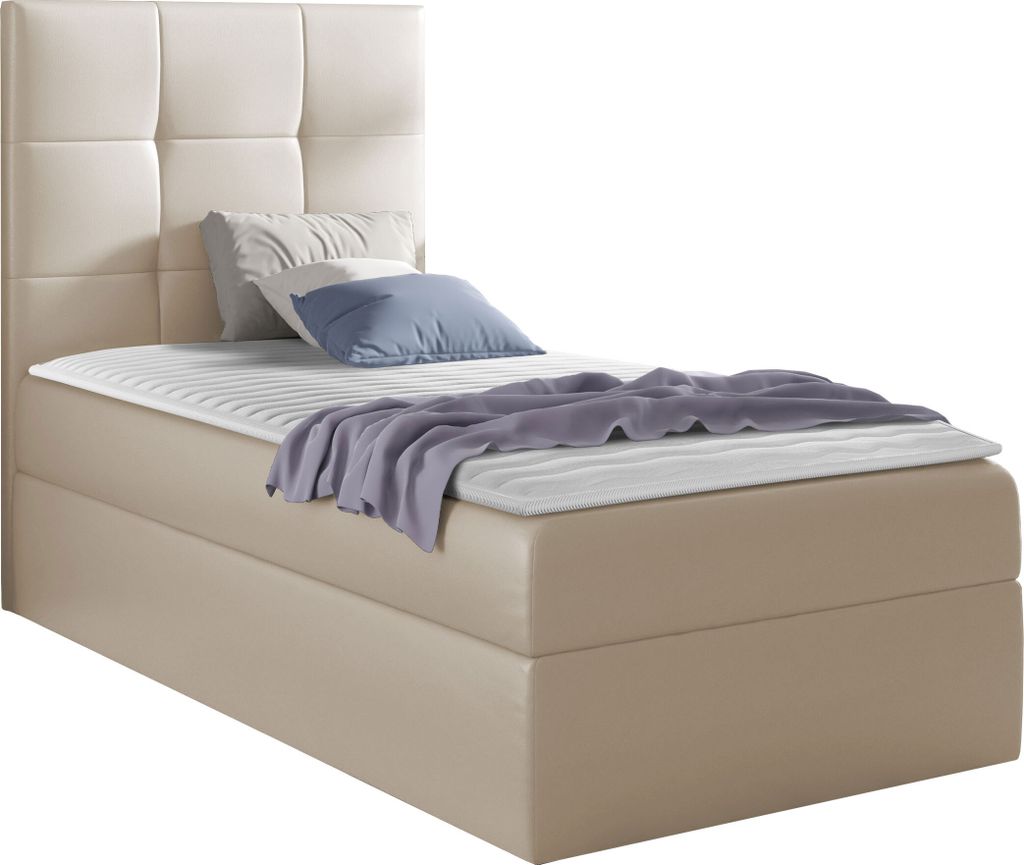 MIRJAN24 Boxspringbett Mini 2, Einzelbett mit Bettkasten für die Bettwäsche, mit Topper und Kopfteil (Soft 031, Größe: 90x200 cm, Seite: Links)