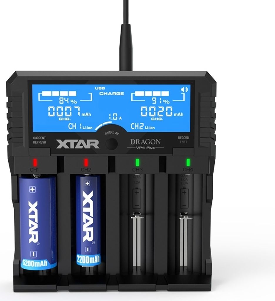 A black battery charger with a blue LCD screen displaying charging information, and two blue batteries inserted.