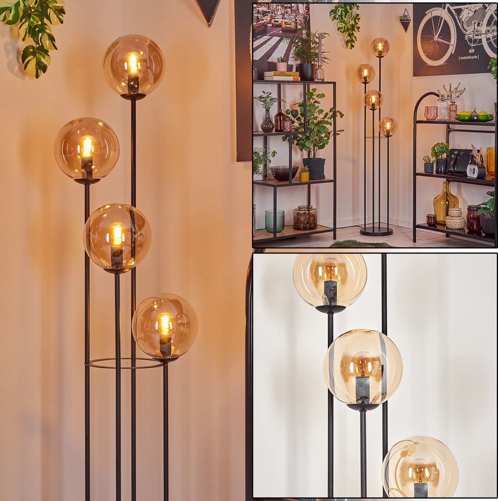 Fossobiubo Stehlampe aus Metall/Glas in Schwarz/Bernsteinfarben mit Fußschalter