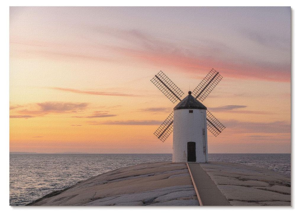 POSTER - 29x21 cm (A4) - P. van B. - Windmühle im Abendlicht, Meer, pastellfarbener Himmel - Wandbild für Wohnzimmer Schlafzimmer & Flur, Moderne...