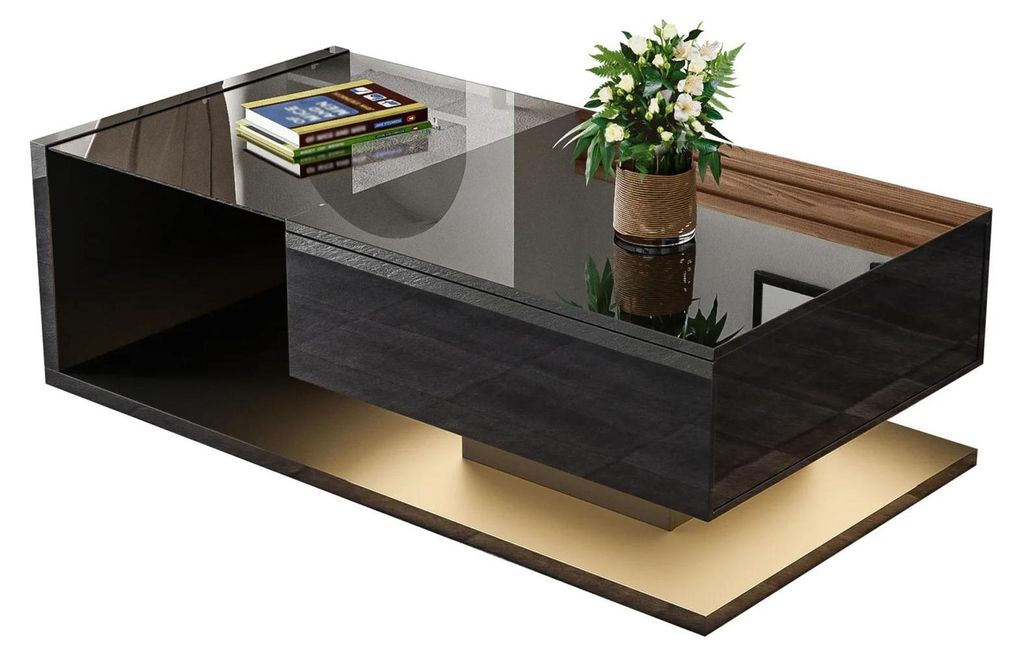 Couchtisch / Beistelltisch - Wohnzimmertisch - LED-Beleuchtung - Glasplatte - Hochglanz - Mit Stauraum - 105×55×32,5 cm - Schwarz