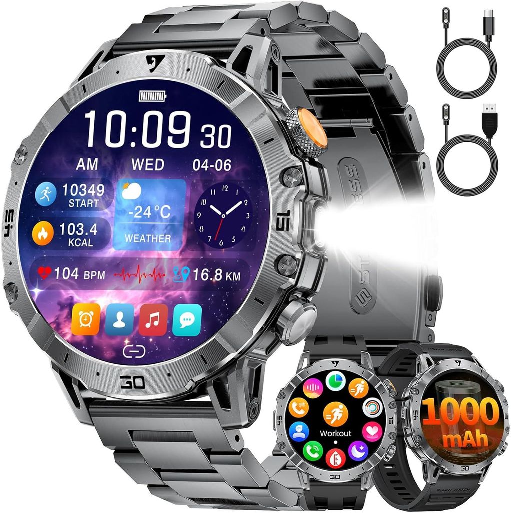 Herren Smartwatch mit Telefonfunktion, 1000 mAh Akku, 1,7 Zoll HD Display, LED-Taschenlampe, 110+ Sportmodi, IP68