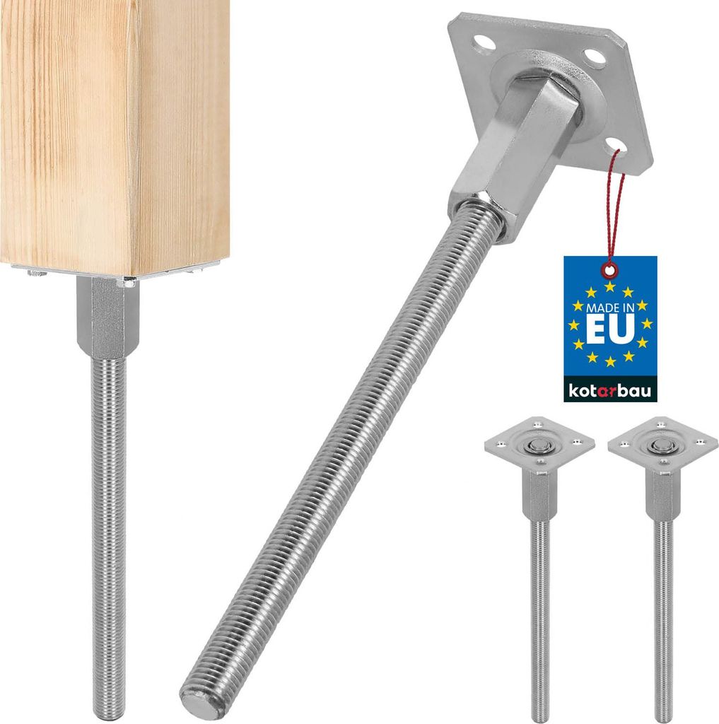 A product shot of adjustable post anchors, with a wooden block attached to one, and two smaller anchors shown separately. A 'Made in EU' tag is also visible.