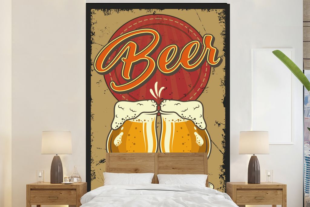 MuchoWow Fototapete für Wohnzimmer oder Schlafzimmer Wandtapete Vinyl Motivtapete Mancave - Biergläser - Vintage - Zeichnung - 200x300 cm - Wan...