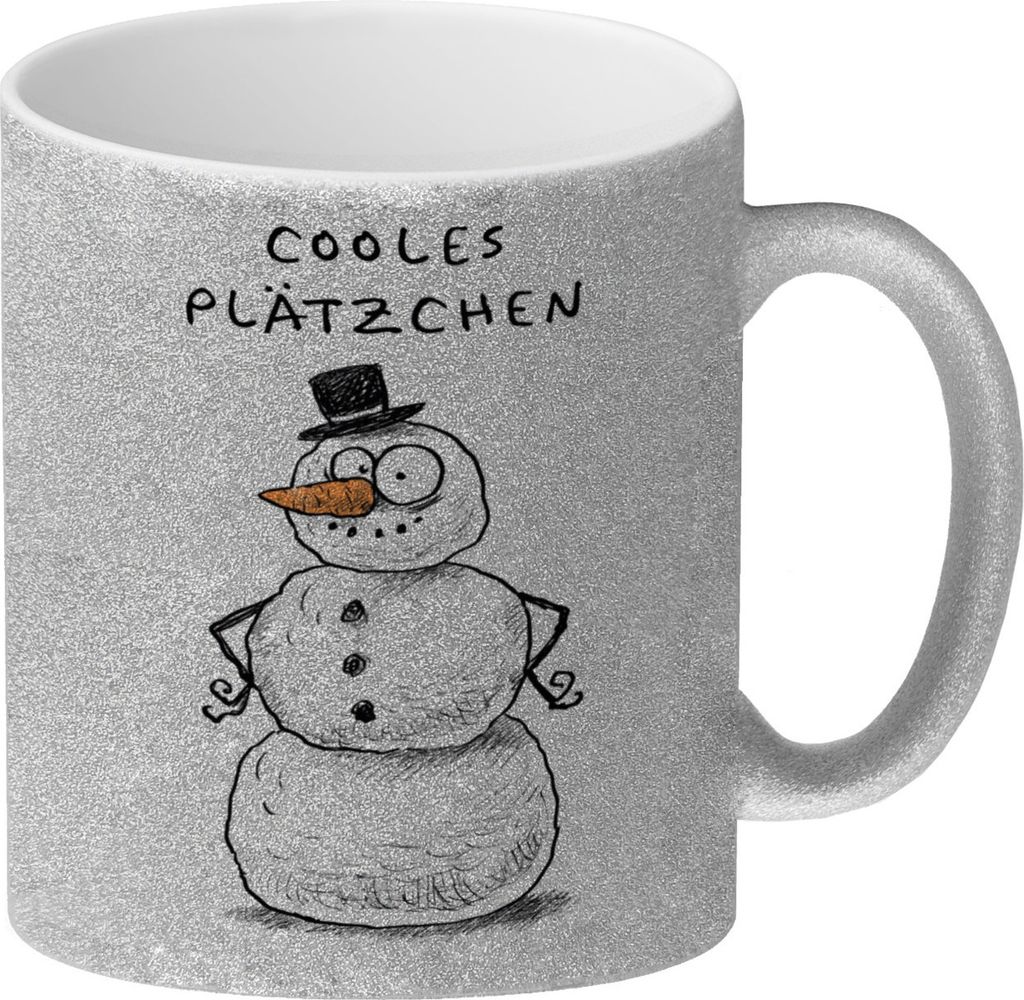 Schneemann mit Hut Glitzer-Kaffeebecher mit Spruch Cooles Plätzchen