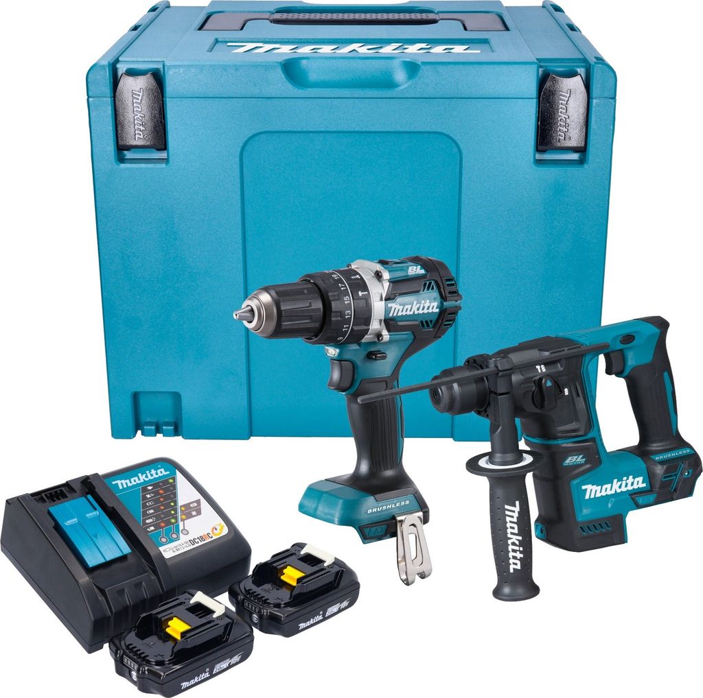 Makita DLX 2278 RAJ Akku Kombo Kit + DHP 484 Schlagbohrschrauber 54 Nm + DHR 171 Bohrhammer 1,2 J + 2x Akku 2,0 Ah + Ladegerät + Makpac