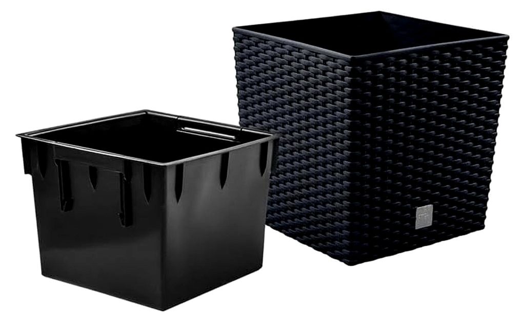 Pflanzkübel in Rattan-Optik, inkl. Einsatz, quadratisch - Übertopf für Haus und Garten, Blumentopf in Anthrazit