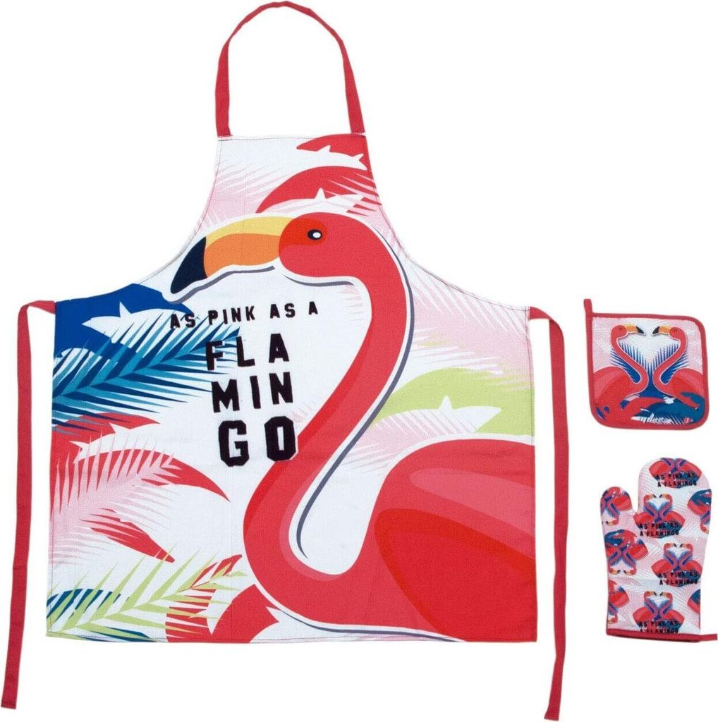 ARDITEX ZASKA 3tlg. Set Kochschürze, Schürze, Topflappen und Topflappen Kollektion 'Flamingo 2', mehrfarbig