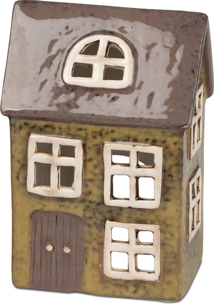 Windlicht, Teelichthalter Haus ANTIK H. 14cm grau grün aus Steingut Formano WA