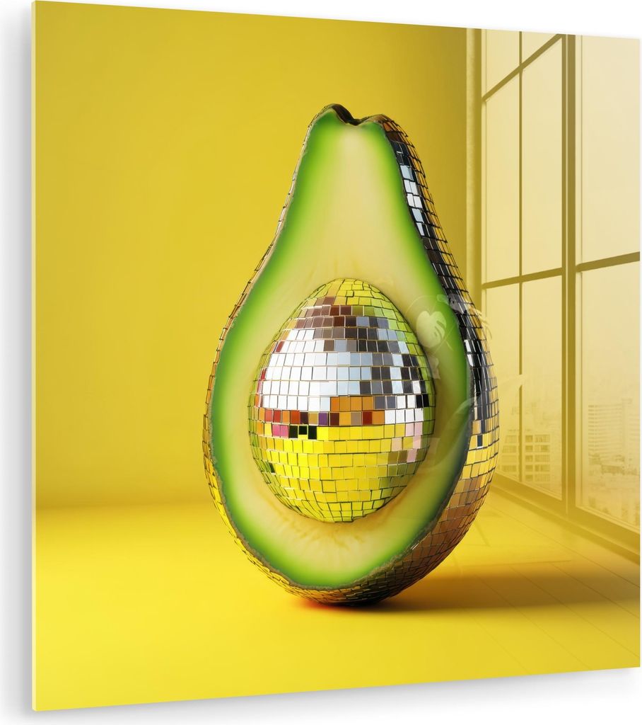 MuchoWow Glasbilder - Bilder auf Wandbild - Foto auf Glas Avocado - Discokugel - Gelb - Glitzer 90x90 cm Wanddekoration aus Glas - Acrylglasbild - ...
