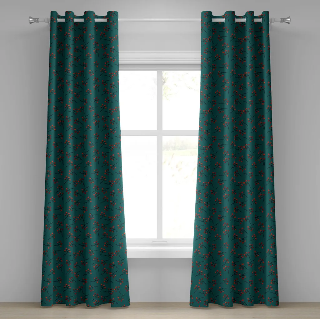 Rideau bleu sarcelle motif baies dessiné main style rustique 280x245cm