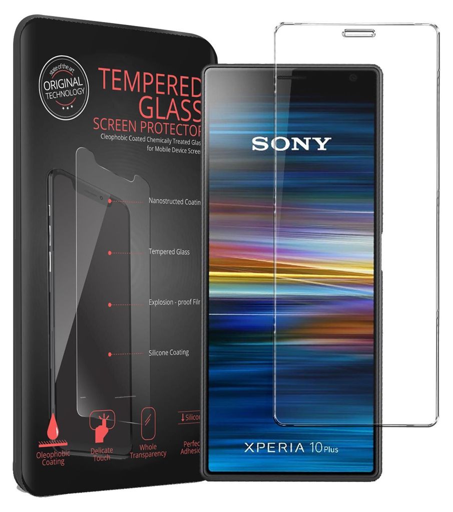 A product packaging for a Sony Xperia 10 Plus screen protector, with the screen protector and a phone displayed.
