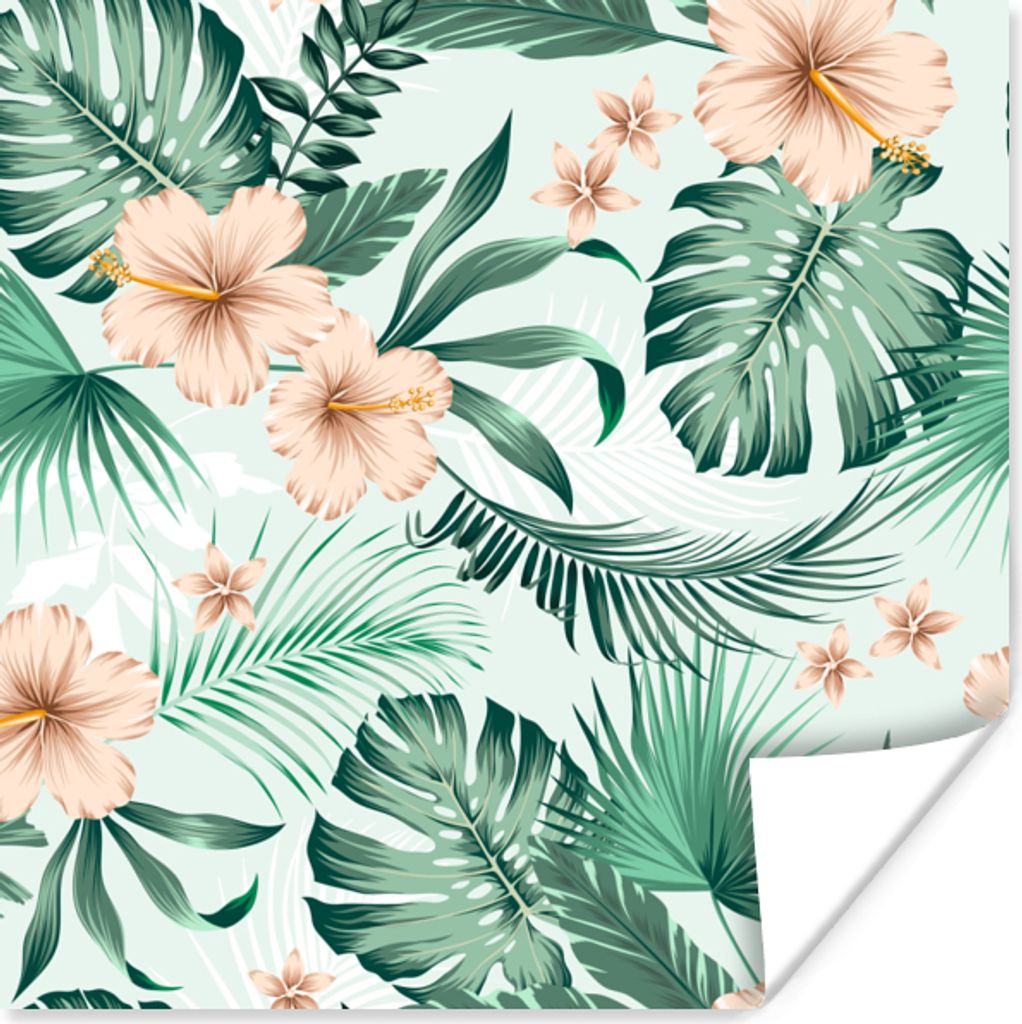 MuchoWow Poster Blumen - Hibiskus - Monstera - Muster 100x100 cm - Babyzimmer