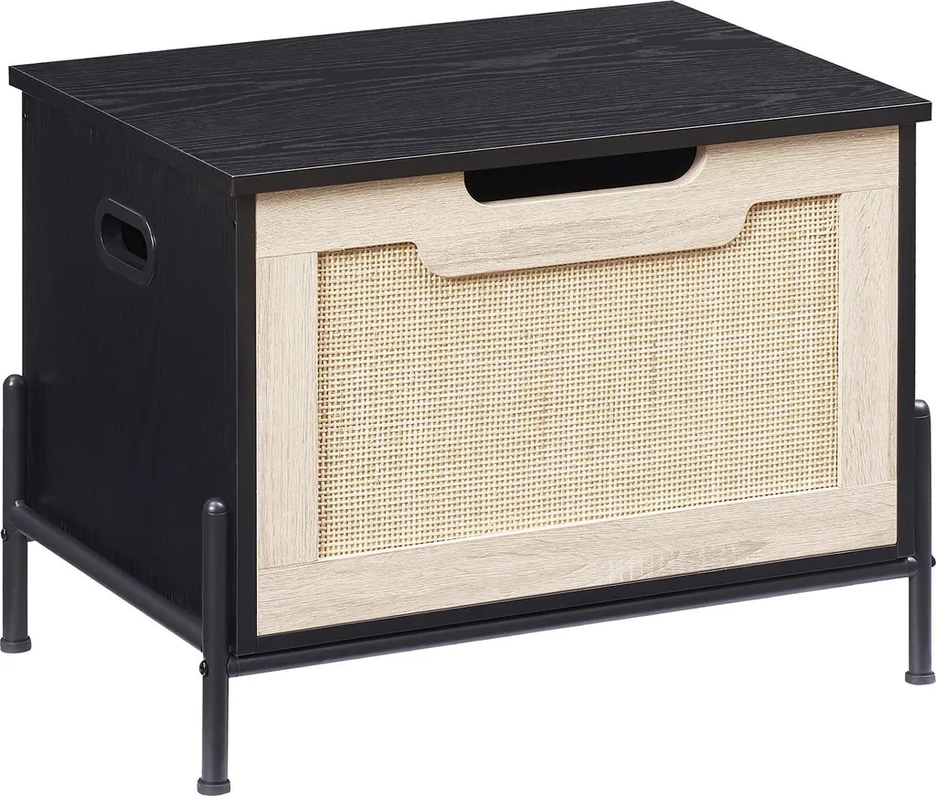 Banc de rangement en rotin noir 60 cm avec couvercle rabattable en bois