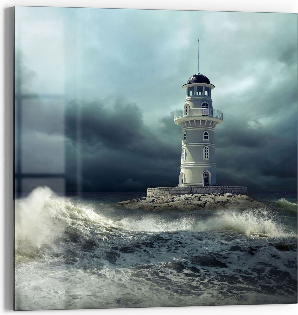 DEQORI Glasbild Echtglas 30x30 cm 'Leuchtturm im Sturm' Wandbild Bild modern Deko