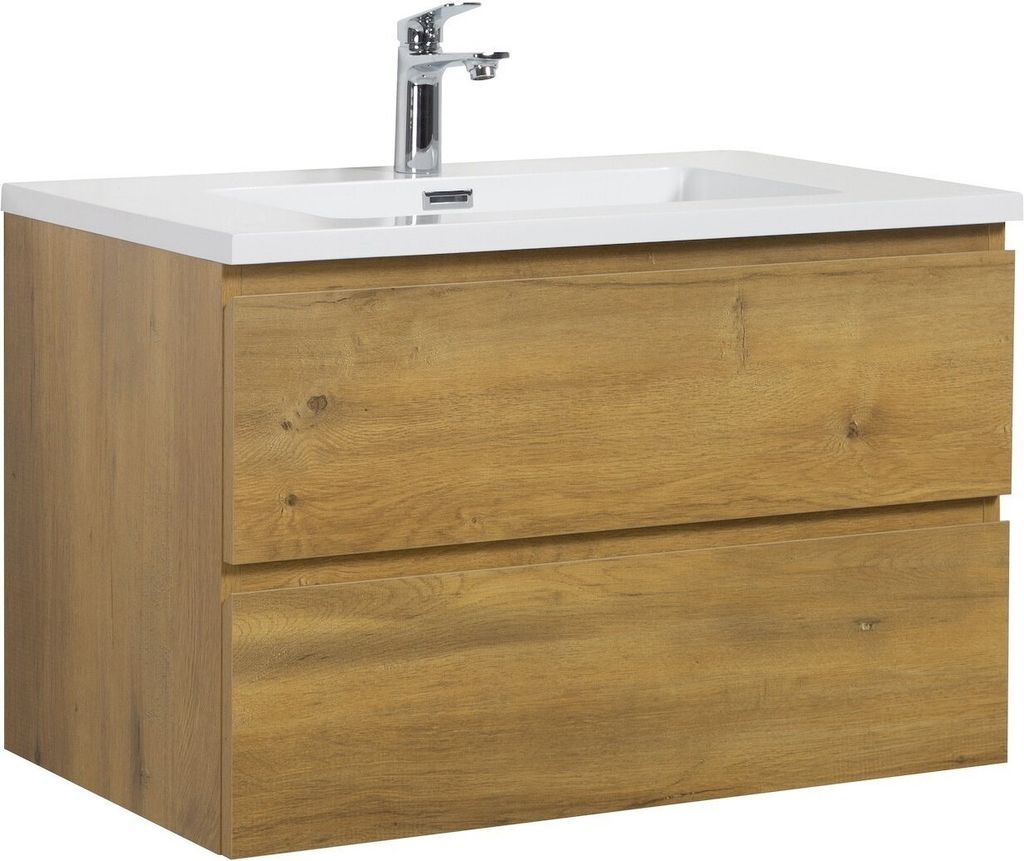 A bathroom vanity with a sink and faucet.