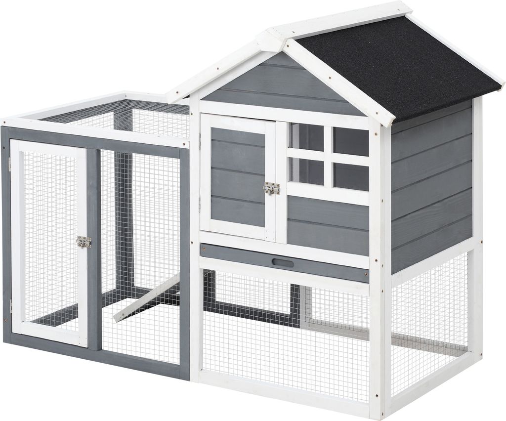PawHut Kaninchenstall Tannenholz Indoor Outdoor Kleintierstall Kleintierkäfig Kleintierhaus Herausnehmbare Rampe und Bodenwanne Grau+Weiß+Schwarz...