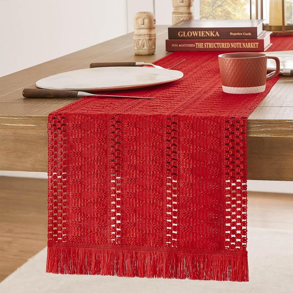 Tischläufer im Makramee-Stil mit kurzen Quasten, 30,5 x 183,9 cm, Rot, Landhaus-Tischläufer, 183 cm lang, Boho-Gewebe, Heimdekoration