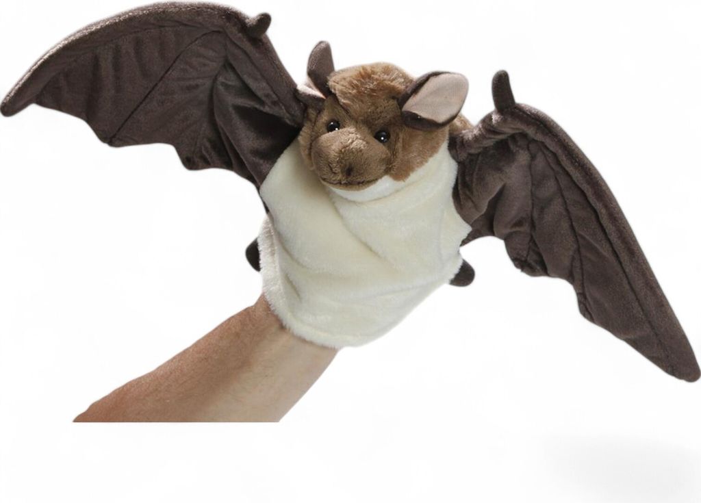 A hand wearing a bat puppet is shown against a white background.