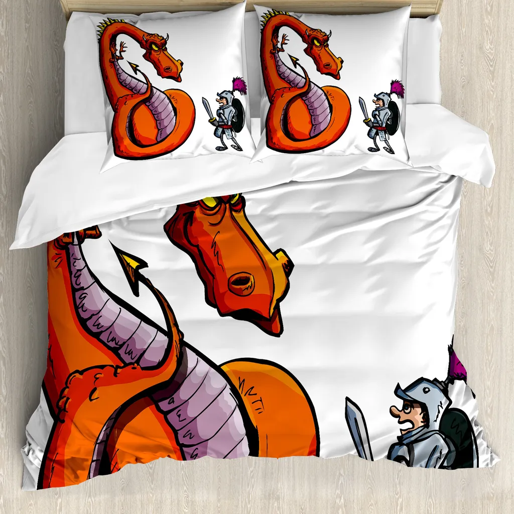 ABAKUHAUS Copripiumino Drachen, disegno di cavaliere dei cartoni animati, antiacaro, adatto a chi soffre di allergie, con federe, 200 cm x 200 cm - 80 x 80 cm, multicolore