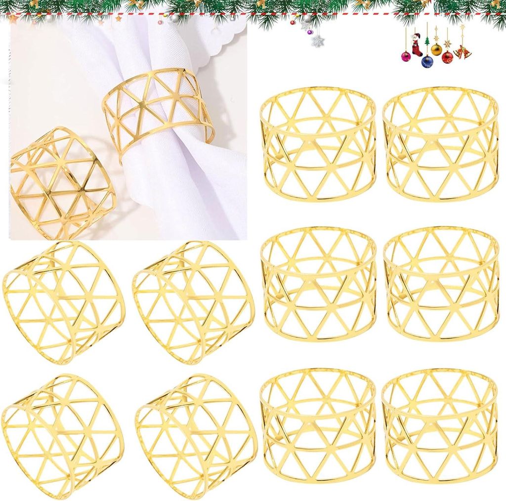 10 Vintage-Serviettenringe aus hohlem Goldmetall, perfekt für Hochzeiten, Weihnachten, Familienfeiern und als Tischdekoration.