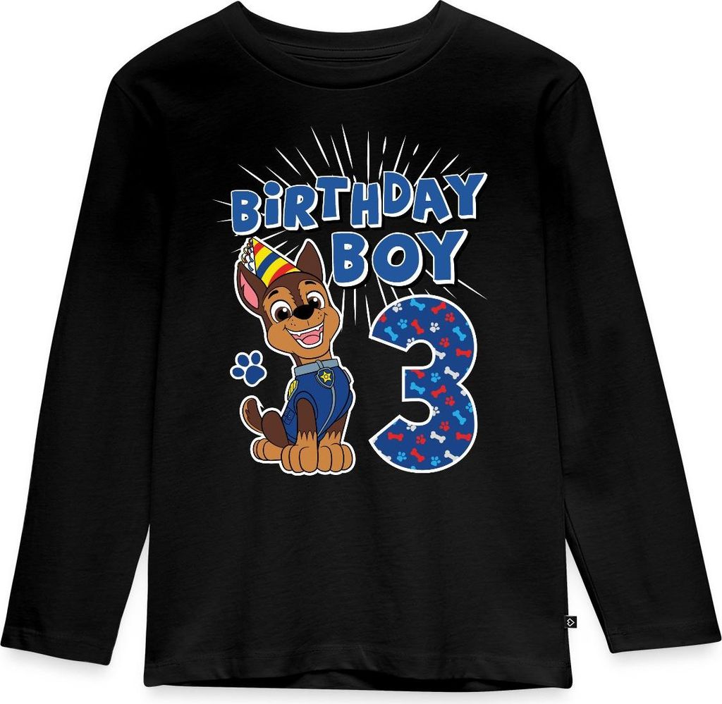 Spreadshirt Paw Patrol Chase 3 Jahre Alt 3. Geburtstag Kinder Premium Langarmshirt, 122/128 (6 Jahre), Schwarz