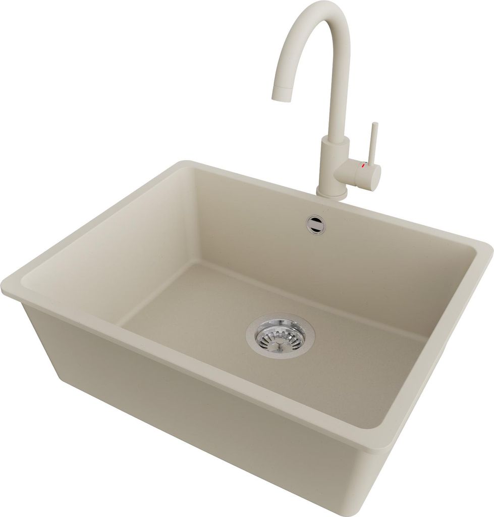 PRIMAGRAN Unterbauspüle Granit Beige 56x44cm, Spülbecken 1 Becken + Küchenarmatur 32x20cm + Ablauf-Set, Granitspüle ab 60er Unterschrank - Vene...