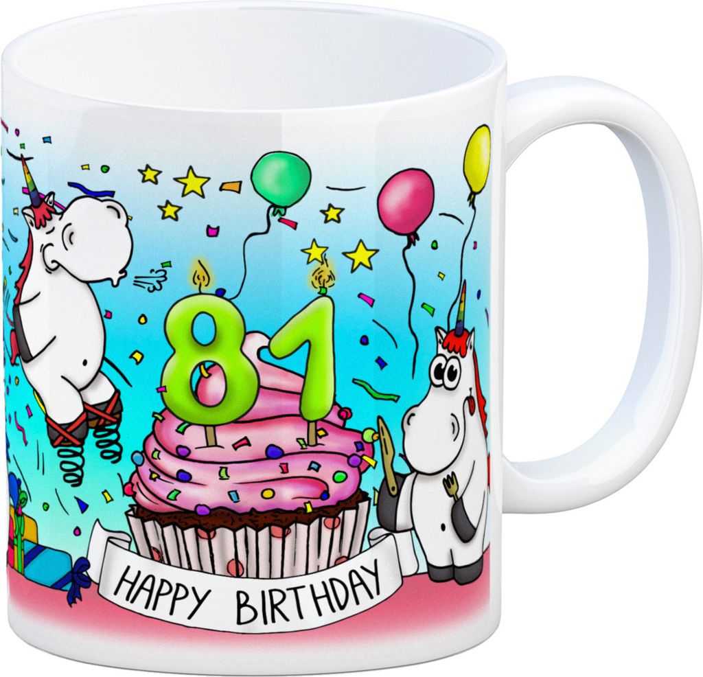 Honeycorns Tasse zum 81. Geburtstag mit Muffin und Einhorn Party Kaffeebecher