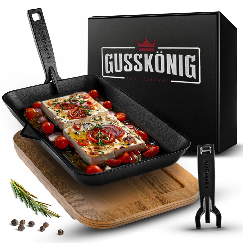 GUSSKÖNIG Fajita-Pfanne aus Gusseisen inkl. Servierbrett aus Akazienholz - Gusseisen Grillpfanne mit abnhembaren Griff - eingebrannter Grillpfann...