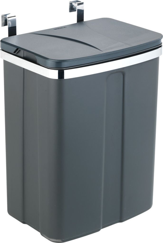 A dark gray trash can with a lid and silver hooks for hanging on a cabinet door.