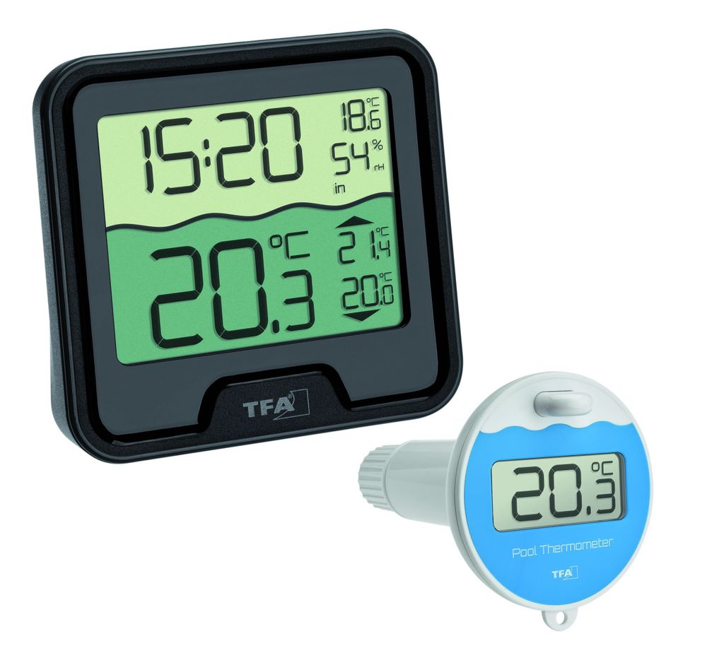 A digital thermometer for pool temperature measurement and a larger digital display showing time, humidity, and temperature.