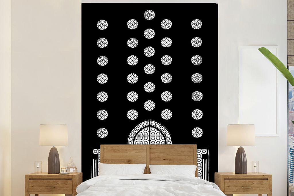 MuchoWow Fototapete für Wohnzimmer oder Schlafzimmer Wandtapete Vinyl Motivtapete Architektur - Schwarz - Weiß - Muster - 195x300 cm - Das Hint...