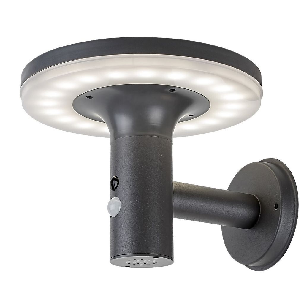 A solar-powered wall light with a circular LED light ring and a motion sensor.