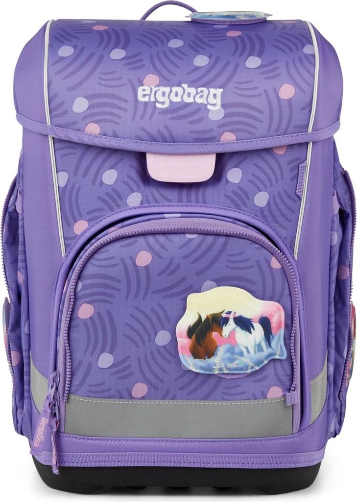 A purple Ergobag cubo light backpack with a pony design.