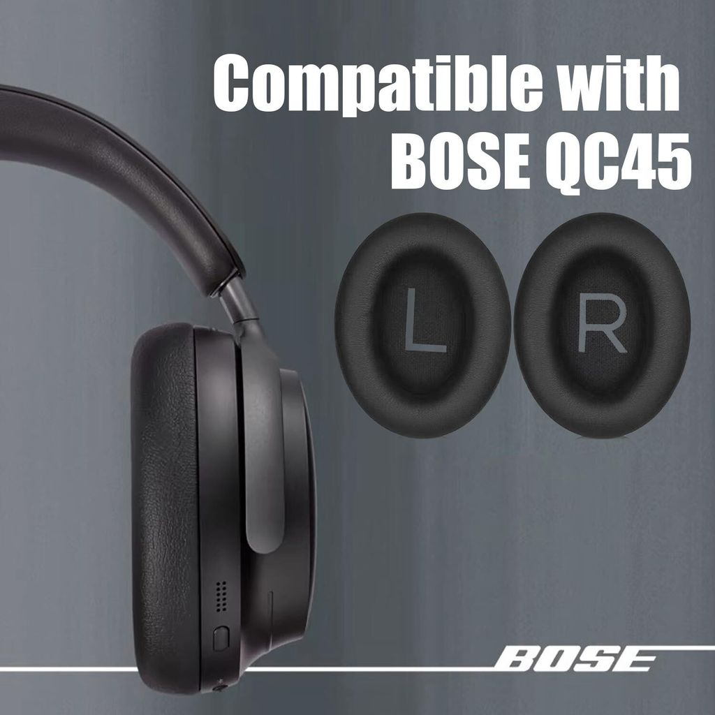 A close-up of a black Bose QC45 headphone with two ear pads, one labeled 'L' and the other 'R', and the Bose logo at the bottom right.