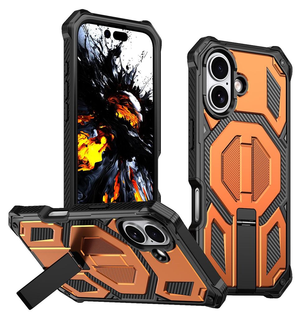 Magnetische Hülle für iPhone 17, Kompatibel mit MagSafe, Mit Metall-Ständer, Militärischer Stoßschutz Handyhülle Orange