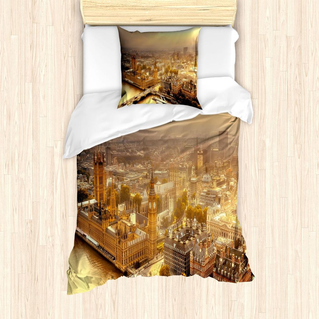 ABAKUHAUS Stadtansicht Bettbezug Set, Westminster Vogelperspektive Der Themse Und London Urbanem Stadtbild Panoramisch, 135 x 200 cm + 80 x 80 cm, ...
