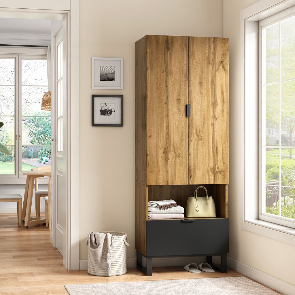 Merax Garderobenschrank mit 1 Schublade und verstellbaren Regalen, Kleiderschrank mit Kleiderstange, offenes Fach und Schuhaufbewahrung