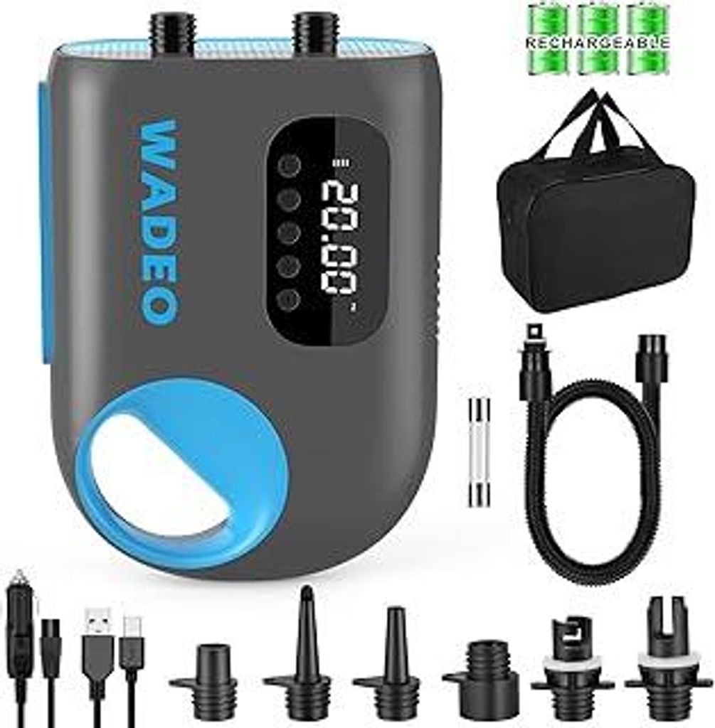 WADEO SUP Pumpe Elektrisch Akku 18000mAh, 20 PSI Hochdruck Elektrische SUP Luftpumpe mit LED-Licht, 110 V AC/12 V DC Schnellladung, Auto-Off für S...