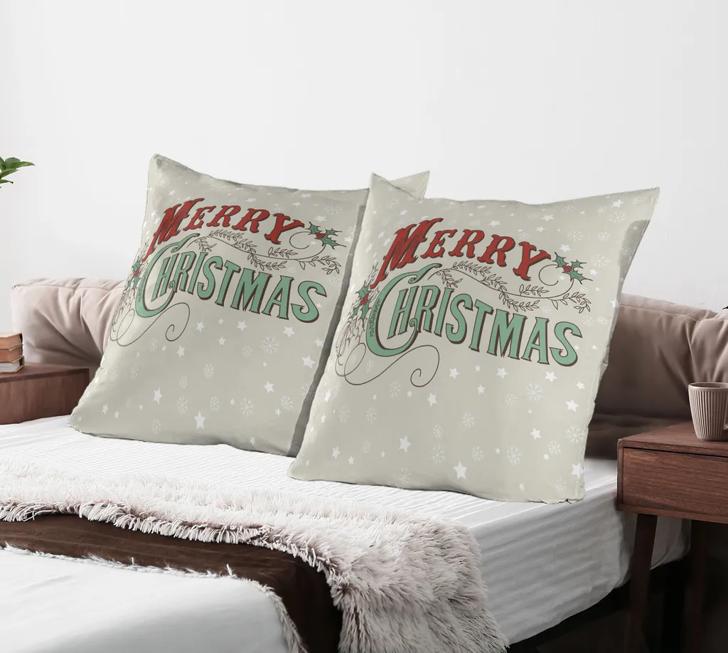 ABAKUHAUS Natale Federa per cuscino Confezione da 2, sfondo con stelle di Natale e fiocchi di neve con scritta stilizzata in stile retrò, federa decorativa stampata, 80x80 cm, Eischale Sea Green Rubin