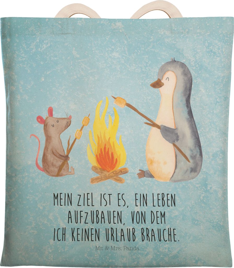 Mr. & Mrs. Panda Beutel Pinguin Lagerfeuer - Eisblau - Geschenk, Arbeit, Maus, Stofftragetasche, Stoffbeutel, Job, Tote Bag, Grillen, shopping, tas...