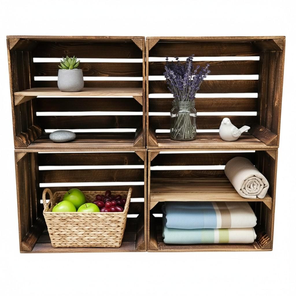 Four wooden crates stacked in a 2x2 grid, each with shelves, displaying various decorative and functional items.